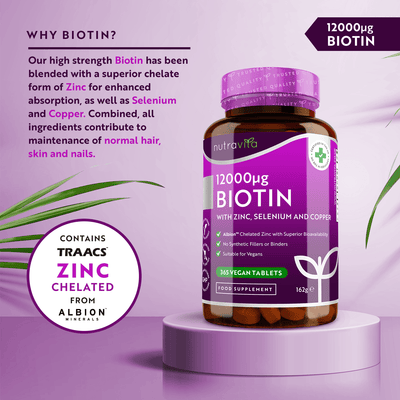 Biotin 12,000ug with Albion™ Zinc, Selenium & Copper 365 Vegan Tablets